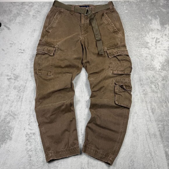Abercombie & Fitch Loose Cargo Pants Belt Mens Utility Y2K Baggy Distressed Brwn - Picture 1 of 8